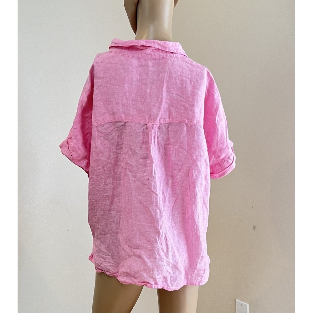 Rachel Roy 100% Linen Top Womens M Pink Short Sleeve Lagenlook‎ Boxy Button - Picture 2 of 8